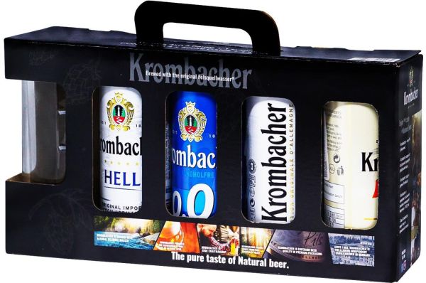 Подарунковий набiр пиво Krombacher 4*0.5 з/б (pils-1шт; пшеничне-1шт; hell-1шт; рils 0.5 б/а-1шт) + келих 0.4 л