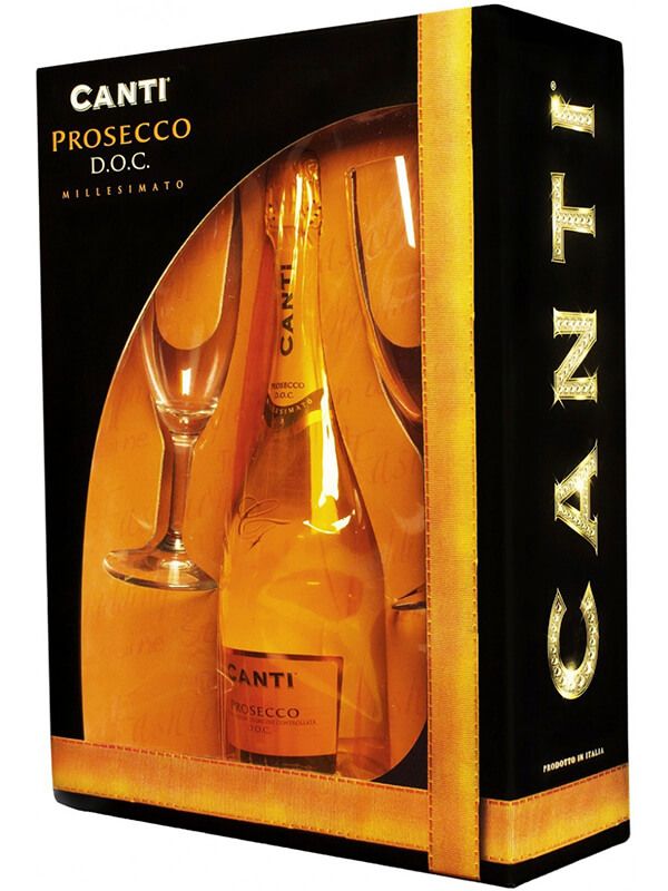 Вино игристое Canti Prosecco Millesimato белое экстра-сухое 0.75 л 11% + 2 бокала в подарочной упаковке