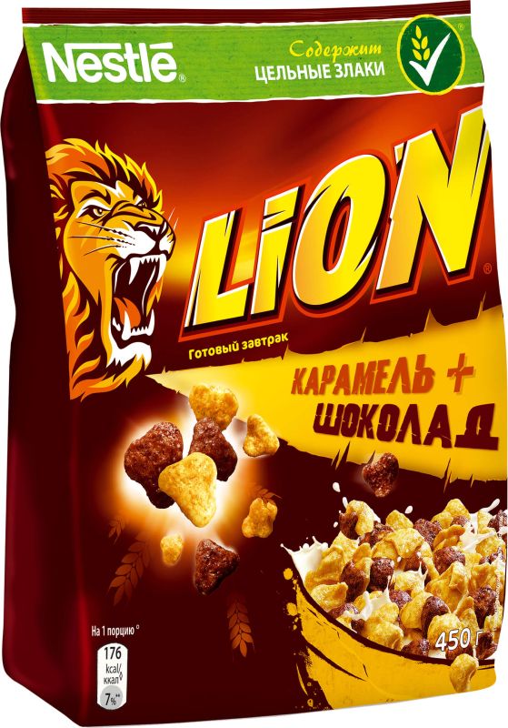 Упаковка готовых завтраков Nestle Lion Карамель + шоколад 450 г х 18 шт