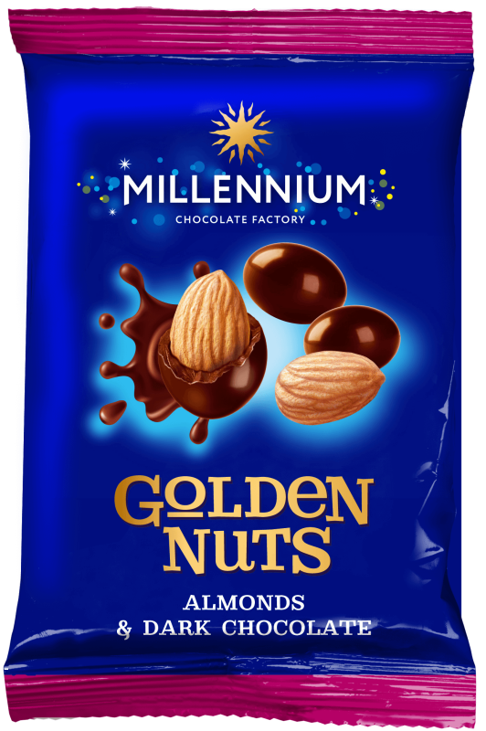 Упаковка драже Millennium Golden Nuts миндаль в черном шоколаде 100 г х 23 шт