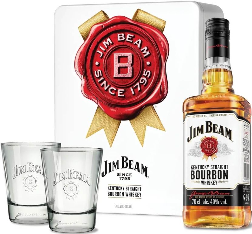 Виски бурбон Jim Beam White, 0,7л в метал. короб. + 2 стакана - купить ...